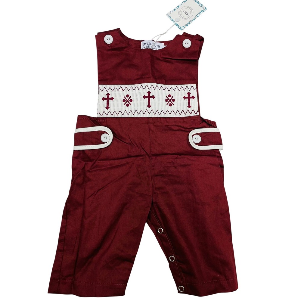 NWT Rylee Faith Designs Romper Burgundy Smocked Cross Religious 3M Heirloom